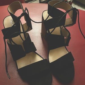 MERONA Black Suede Ankle Strap Sandals Size 9 NEW 3 1/2” Stacked Heel